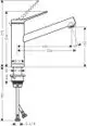 Hansgrohe Spültischmischer mit einem hohen Auslauf, seitlichem Hebel, Abmessungen und Anschlussdetails schematisch dargestellt. Ideal für Montage vor dem Fenster.